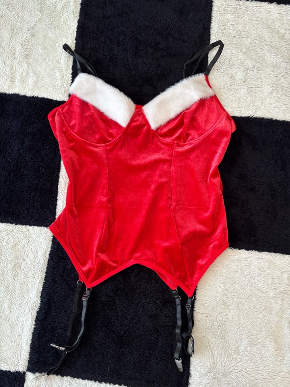 Red Velvet Holiday Bustier with White Faux-Fur Trim